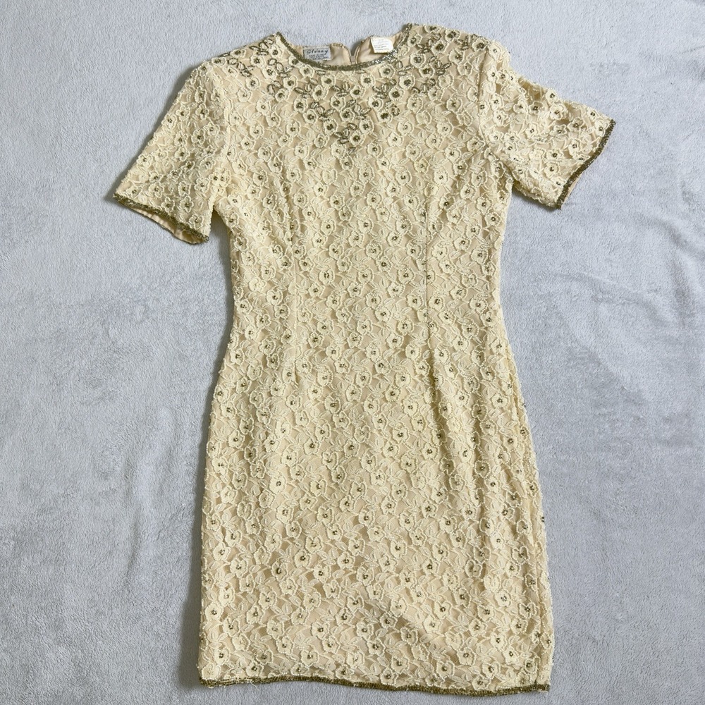 Vtg Stenay Dress Womens 6 Ivory Lace Beaded Sequin Cocktail Evening Formal Midi